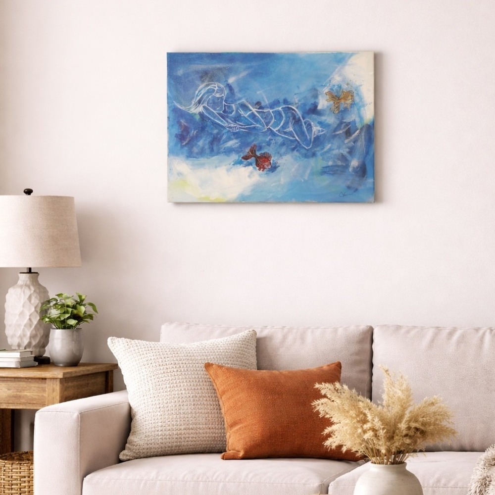 Original Art Painting Woman w Goldfish Underwater‎ Blue Canvas Lucid Dream 20x16